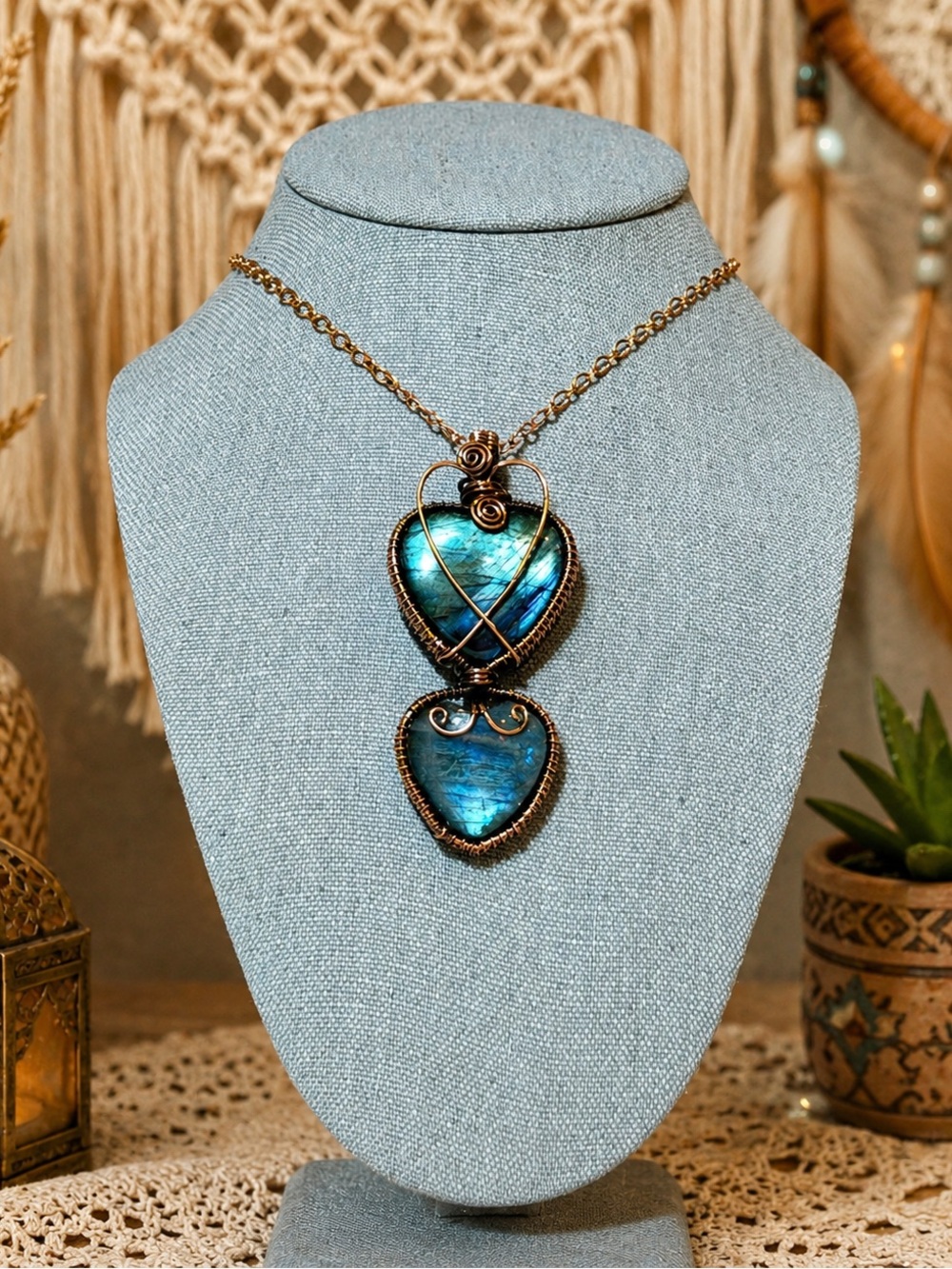 Copper Wire Wrapped Double Heart Shaped Labradorite Pendant